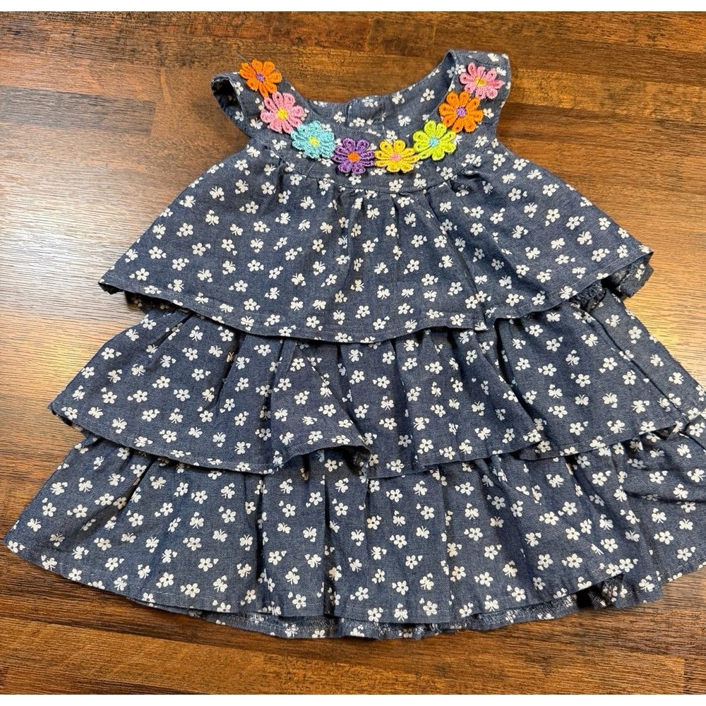 Vintage sleeveless dress.  Denim/cotton mix.  Flowers and butterflies 18 mo.